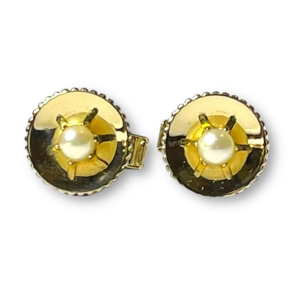 Vintage Gold Tone Imitation Pearl Cufflinks Prong Set Bead Edge Locking